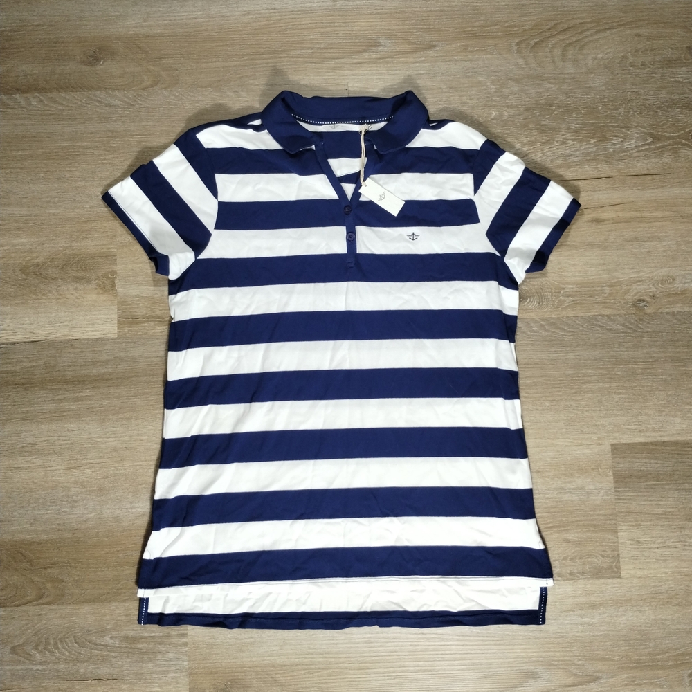 Docker Navy and White Striped V-Neck Polo XL Preppy School Casual Golf NWT
